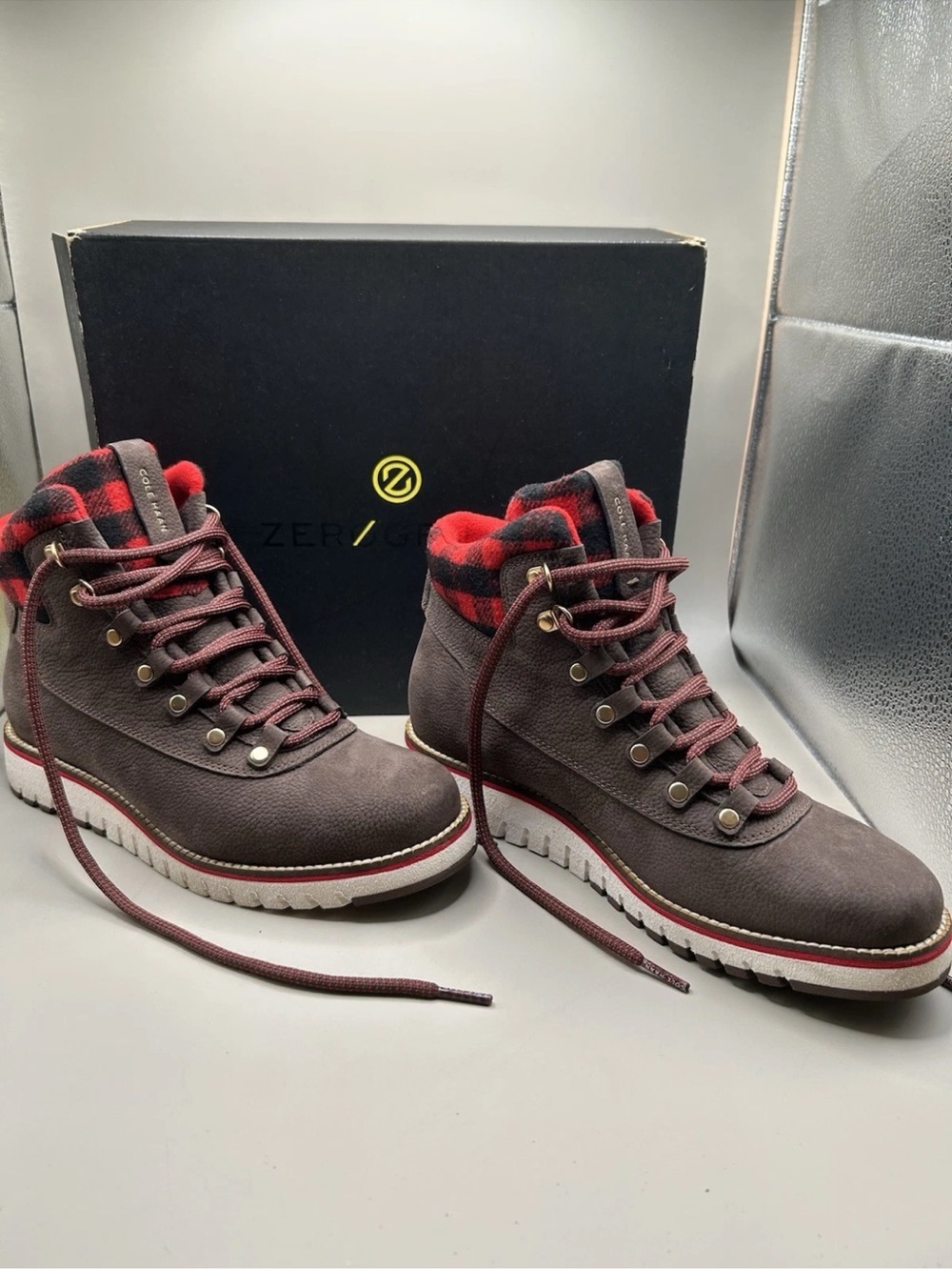 Cole Haan Brown Lace-Up Boots with Red Plaid Collar